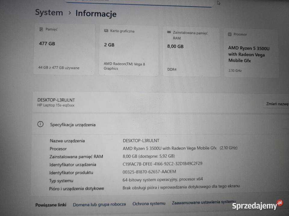 LAPTOP HP 15SEQ0034NW AMD RYZEN 5 8 GB 512 GB HP/Compaq Libiąż sprzedam