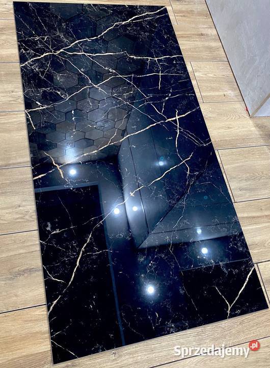 Gres marmurowy CZARNY 120x60 WYSOKI POŁYSK złoto Łask