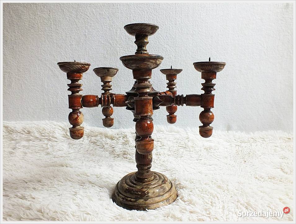 Ponury stary świecznik Wikingów drewniany Antyki Żary