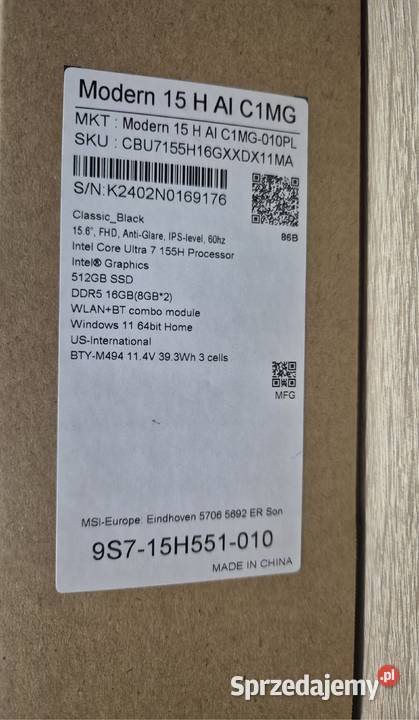 Laptop MSI Modern 15 H AI C1MG010 Intel Ultra 7 Biała