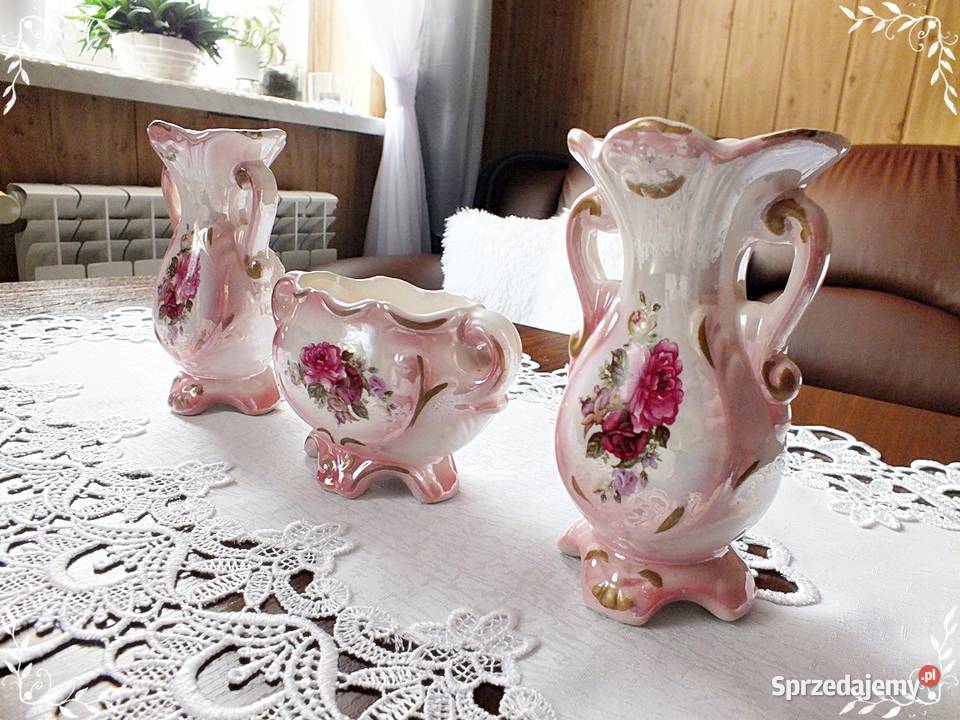 Stary porcelanowy komplet różowy kwiaty Śliczny