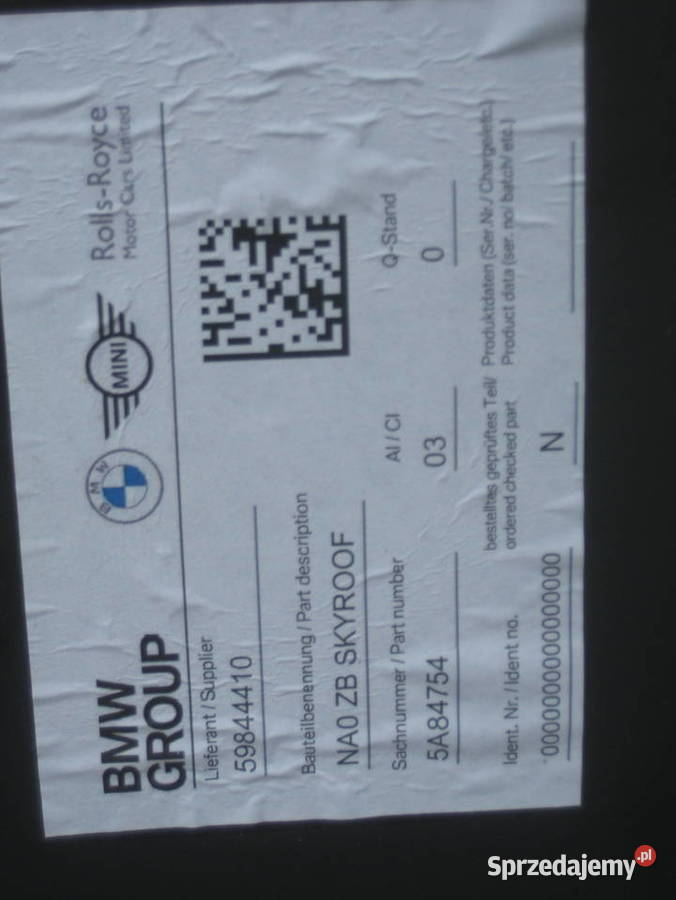 bmw I3 50 NA0 NAO 2627r szkło dachu panorama osobowe Rakoniewice