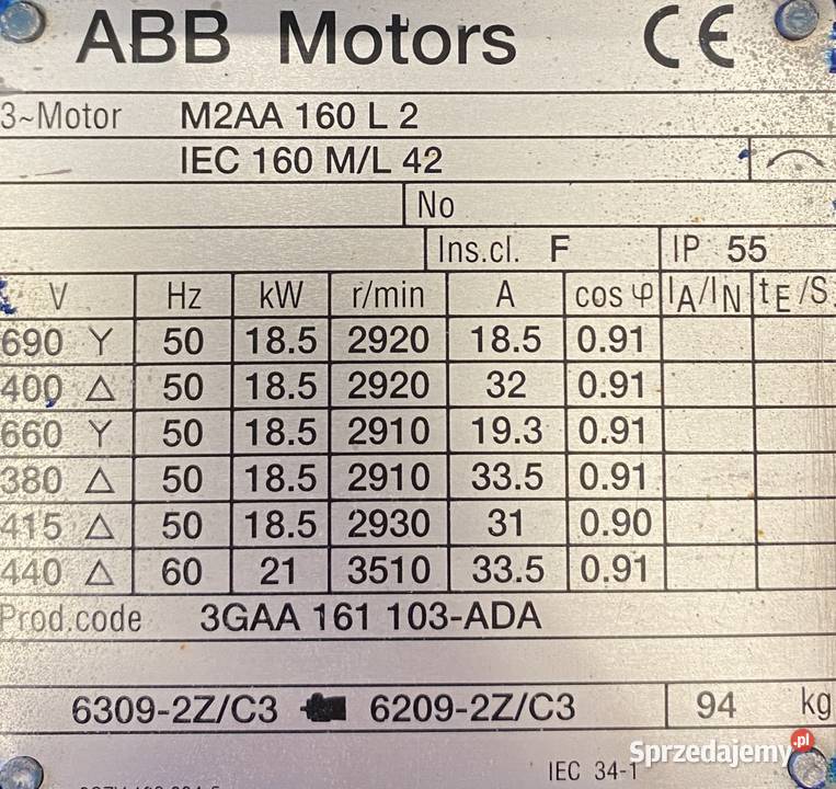 silnik elektryczny 185kW 2920obr 3fazowy ABB Pigża