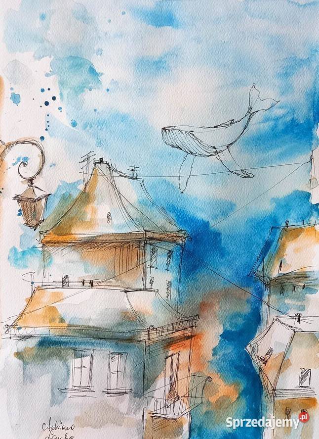 Patrz w niebo akwarela i piórko pejzaż Sztuka współczesna Katowice