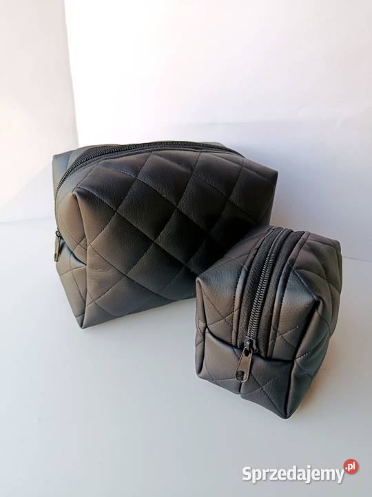 Kosmetyczka duża skórzana pikowana czarna zestaw Konin