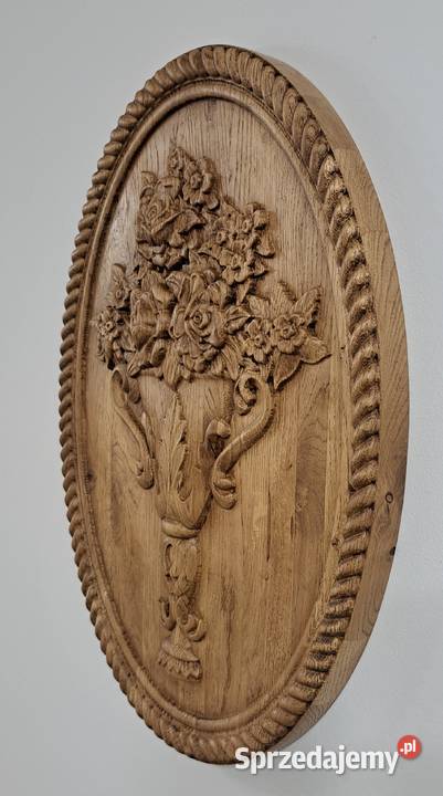 Bukiet kwiatów płaskorzaźba w dębie PIĘKNA Wyposażenie wnętrz zachodniopomorskie Malechowo