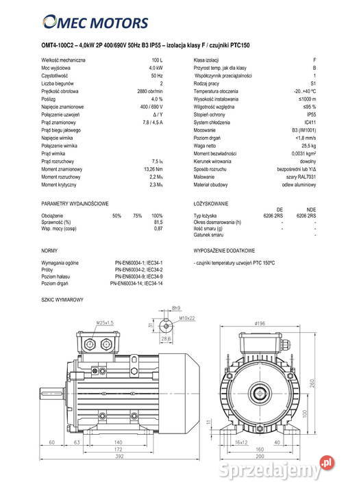 silnik elektryczny 4kW 2900obr 3fazowy 100B3 OMT Pigża sprzedam