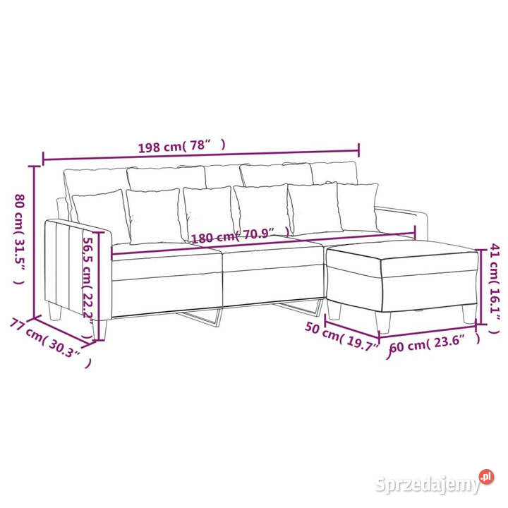 3osobowa sofa z podnóżkiem jasnoszara 180