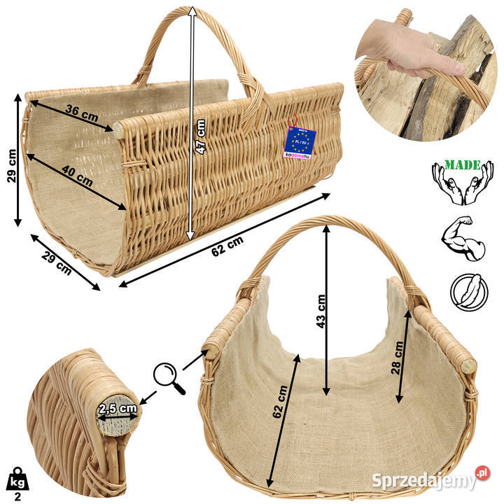 Kosz wiklinowy na drewno z jutą Rynna 60x47x40 Pozostałe Stalowa Wola