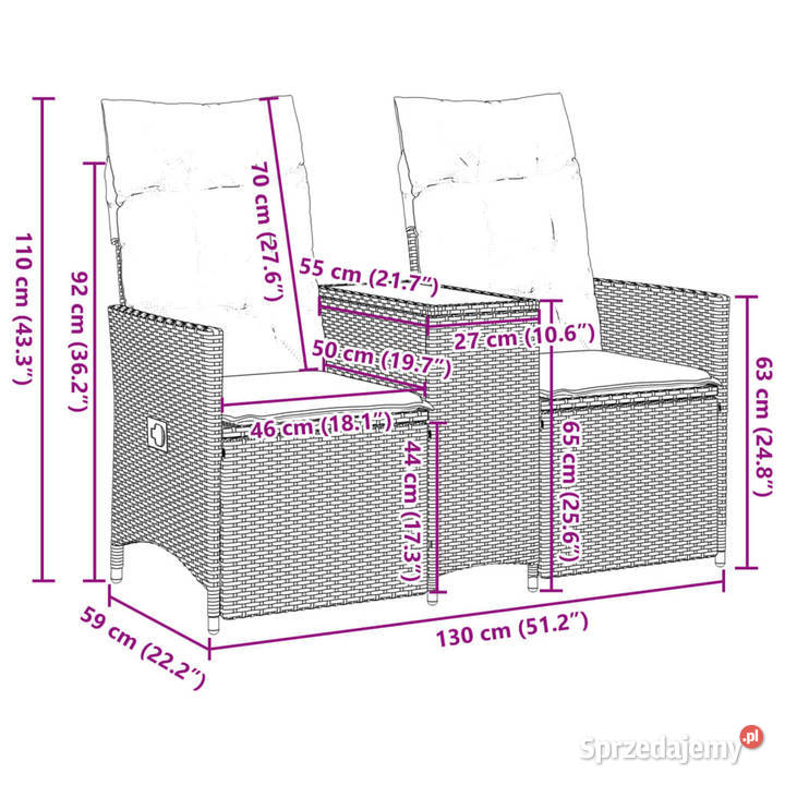 Rozkładana sofa ogrodowa 2 os ze stolikiem szara