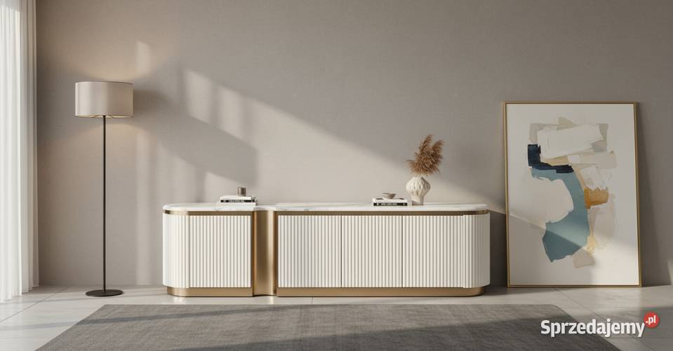 Ryflowana szafka RTV złota biała z blatem Golkowice