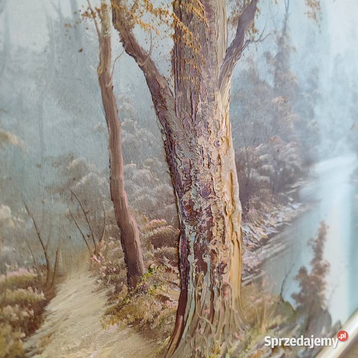 Obraz pejzaż ręcznie malowany w ramie sygnowany Wola Łużańska