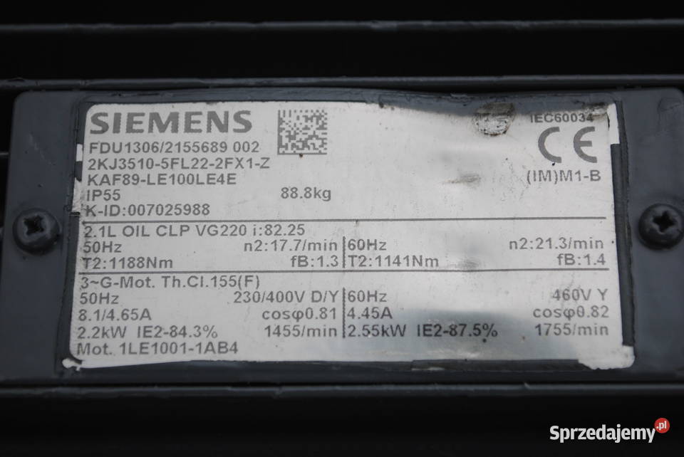 Motoreduktor kątowy 22kw 177obrmin SIEMENS Kargowa sprzedam