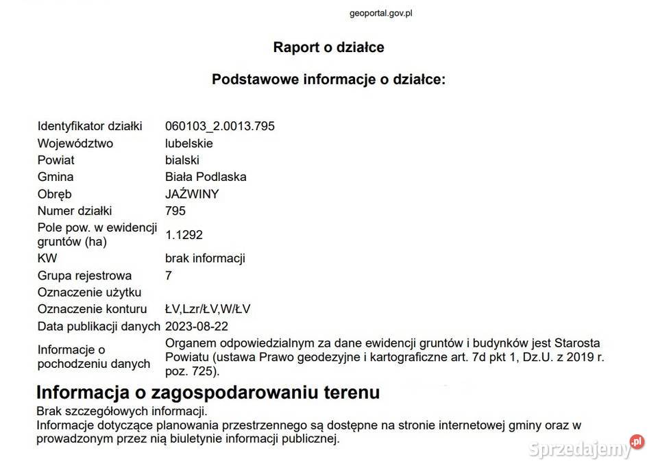 Działka łąka w pobliżu Białej Podlaskiej rolna Danówka