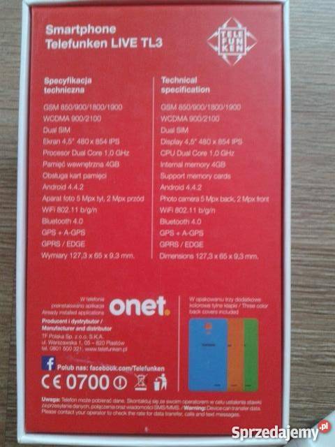 Telefon dotykowy Telefunken Live tl3 2 karty sim E-mail Giżycko