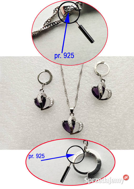 Komplet biżuterii pr925 Fioletowe Serce NOWY Łódź
