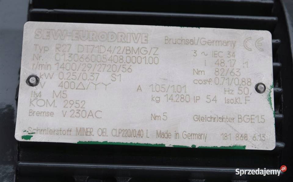 Motoreduktor dwubiegowy 025037kw 2956obr z lubuskie Kargowa