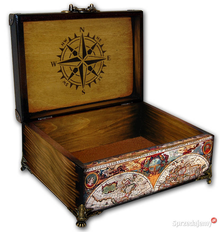 SZKATUŁKA drewniane pudełko STARA MAPA kompas