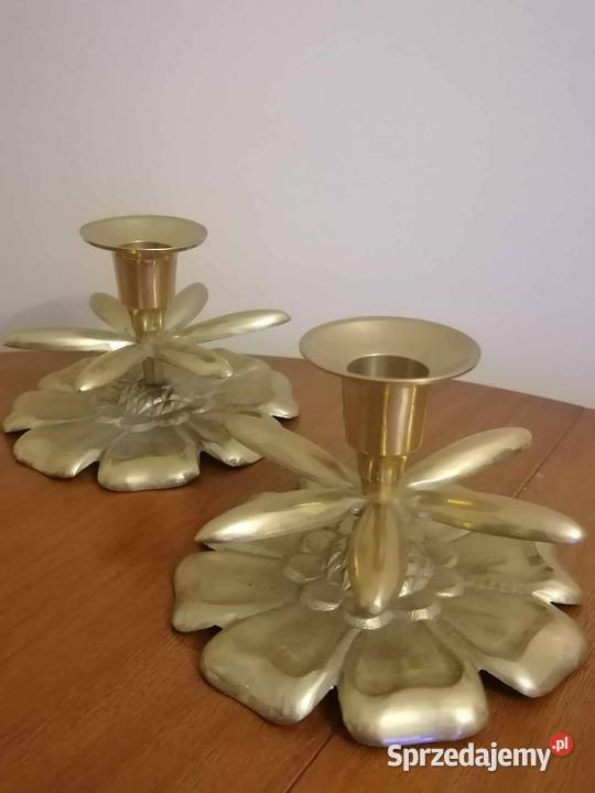 Dwa Masywne Świeczniki Mosiądz Kwiat Lotosu Wałbrzych