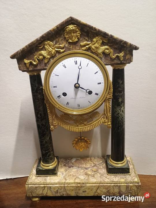 Zegar kominkowy portykowy styl Empire marmur i Bronisze