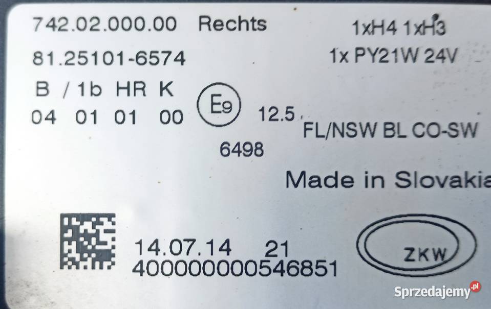 MAN TGL TGM LAMPA HALOGEN PRAWY 81251016574 ciężarowe Sulechów sprzedam