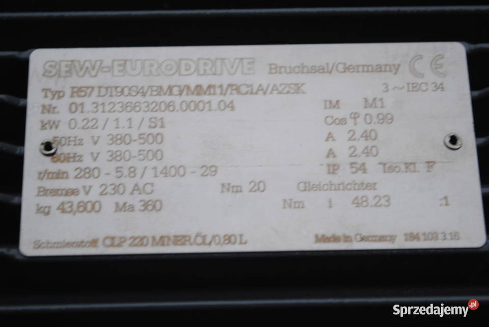 Motoreduktor 11kw 29obr z hamulcem Firmy SEW Pozostałe Kargowa