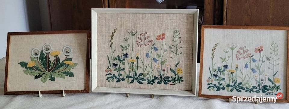 Urocze trzy obrazy haftowane ręcznie Polne Kraków