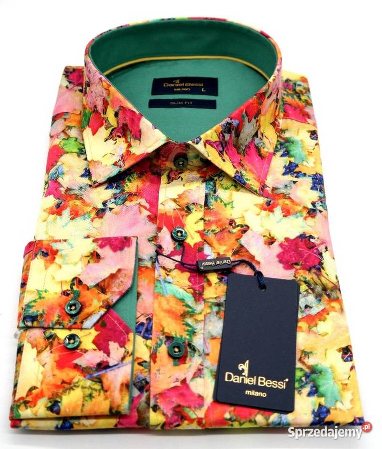DANIEL BESSI Koszula Męska Fb061 Kolorowa LIŚCIE Ostrów Wielkopolski