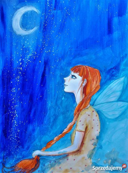 Grafika akwarelą i piórkiem Full moon artystki A Katowice