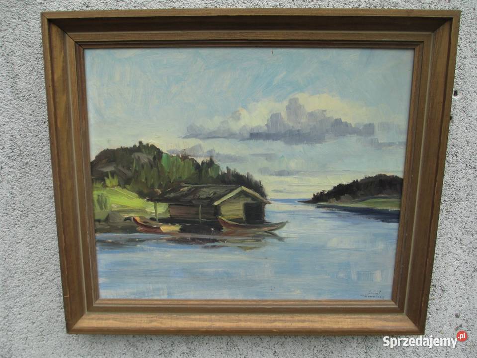 Obraz olejny Przystań Szwecja lata 70 Lublin