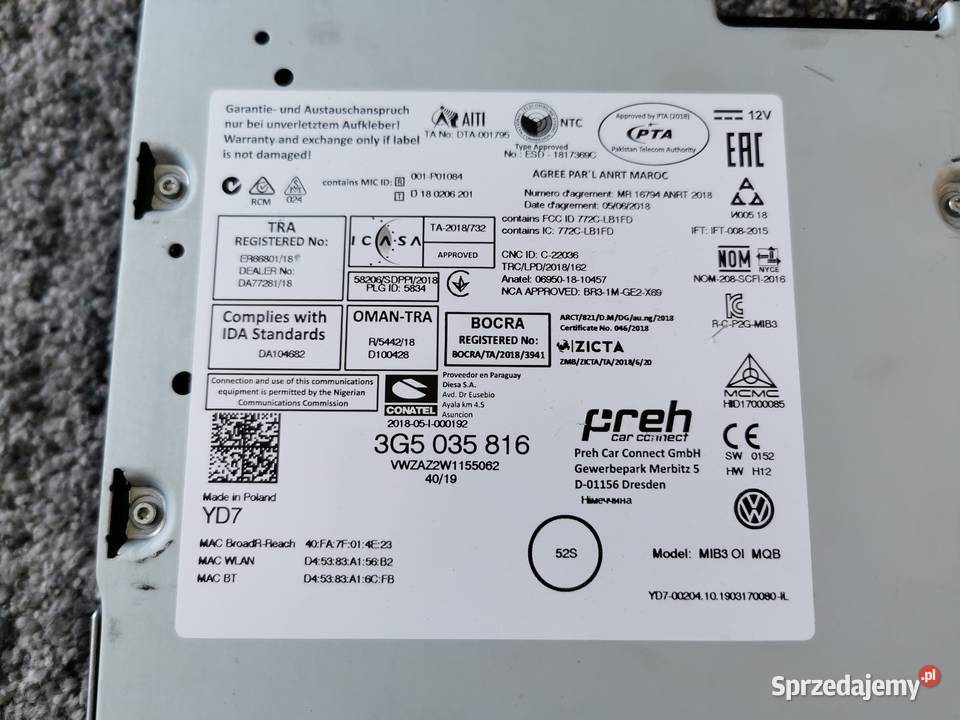 Sterownik układu informacji Volkswagen OE Pielgrzymka