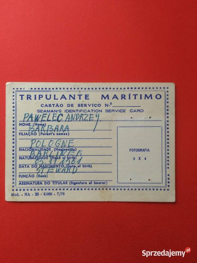 1597 Karta Załogi Morskiej Antykwariat Szczecin