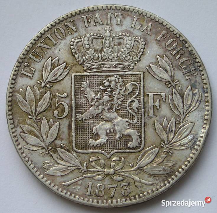 BELGIA 5 FRANKÓW 1873 KRÓL LEOPOLD II SREBRO Łódź