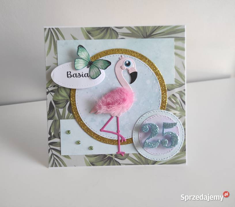 Kartka urodzinowa ręcznie robiona z flamingiem Rękodzieło Łódź