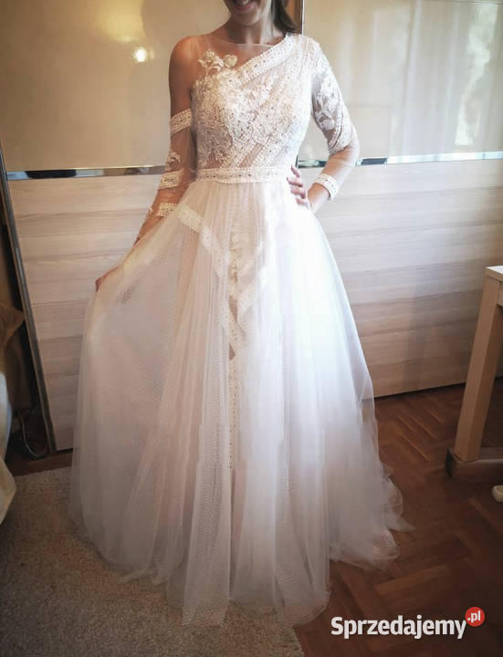 SUKNIA ŚLUBNA BOHO asymetryczna RĘKAWY 36 S 38 M Jelenia Góra