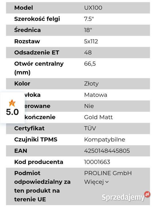 Alu PROLINE R18 5x112 Średnica 18"