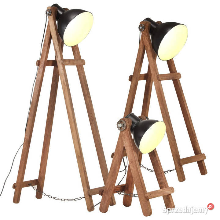 Lampy podłogowe 3 czarne E27 lite drewno mango Warszawa