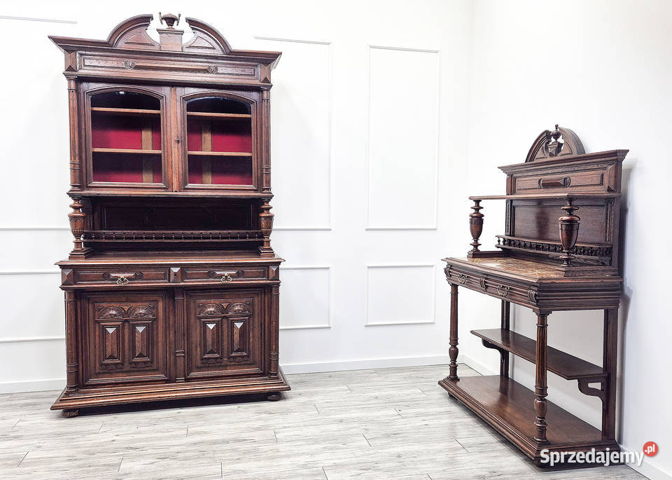 Antyk KOMPLET zdobiony KREDENS ORZECHOWY Kalisz