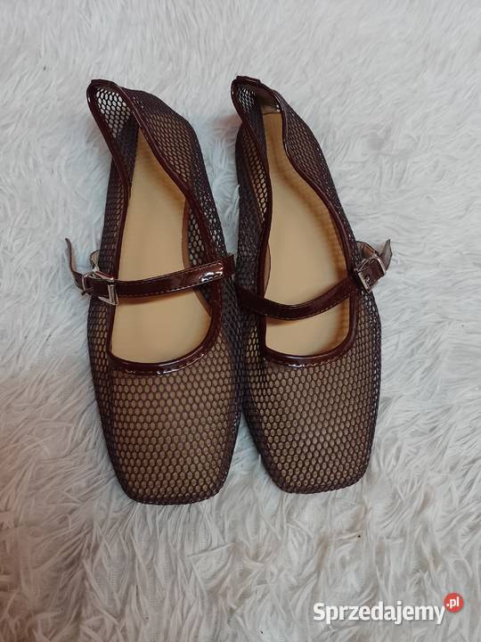 42 Brązowe baleriny siateczkowe z zapięciem NOWE brązowy/beżowy