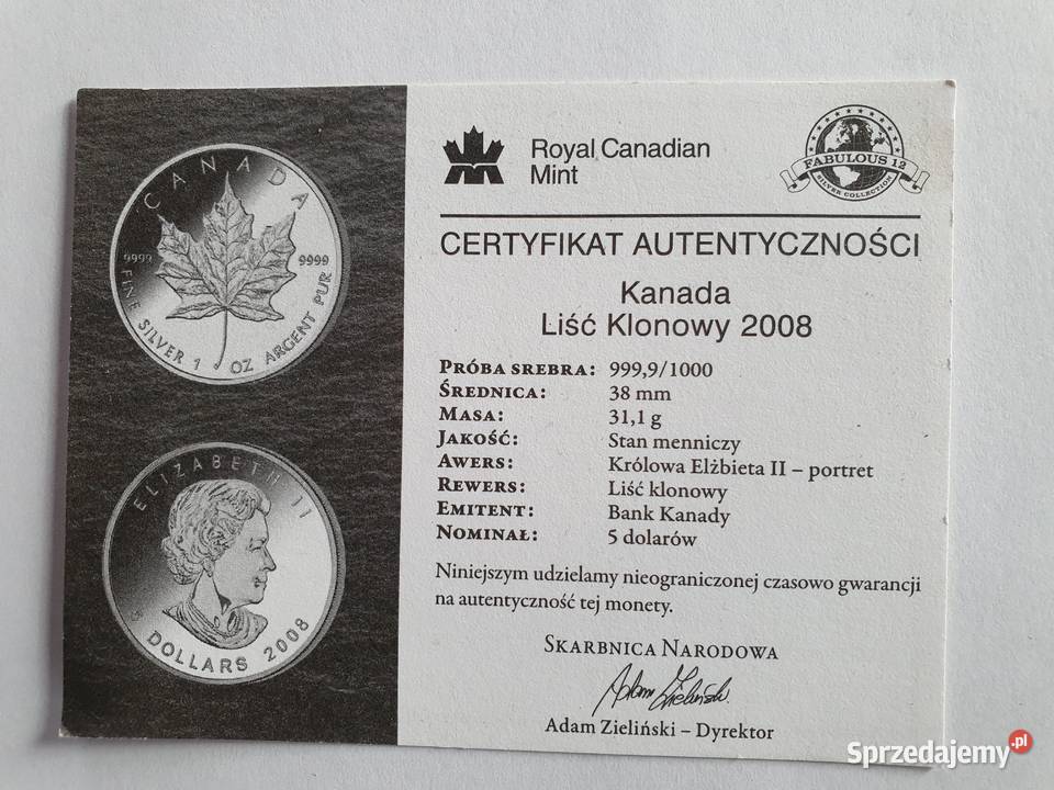 Kanadyjski Liść Klonowy 2008 r Certyfikat Org małopolskie