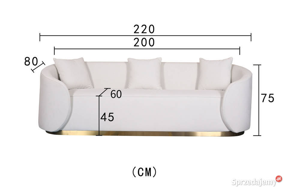 Sofa glamour welurowa biała 220 ze złotą