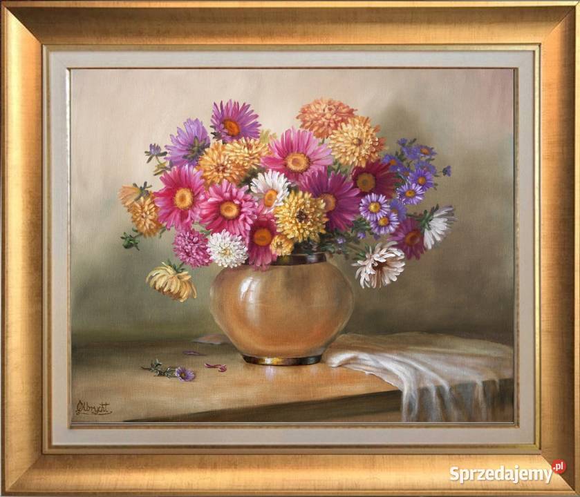 Astry w Wazonie ręcznie malowany olejny L Nowy Sącz