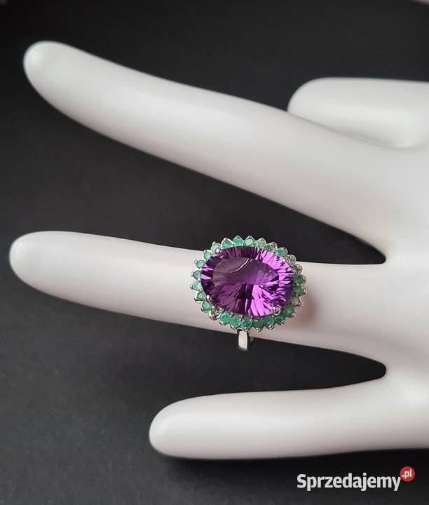 Srebrny pierścionek z ametystem i szmaragdami srebro Otwock