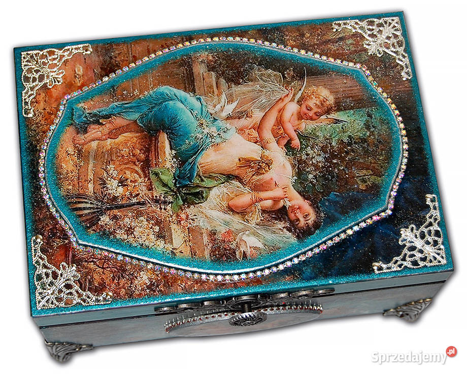 SZKATUŁKA drewniana AMOREK turkus srebro Bydgoszcz