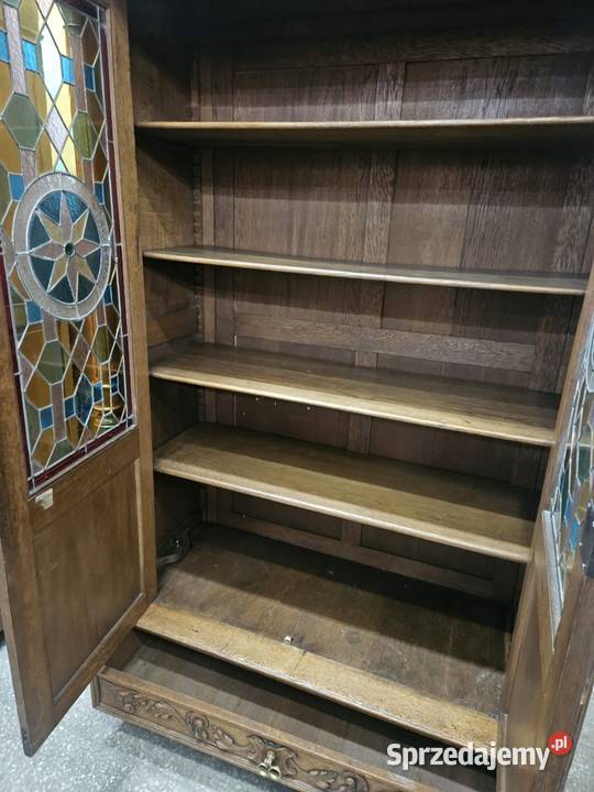 Stara dębowa biblioteczka eklektyczna z witrażem Kredensy i witryny Nowy Sącz