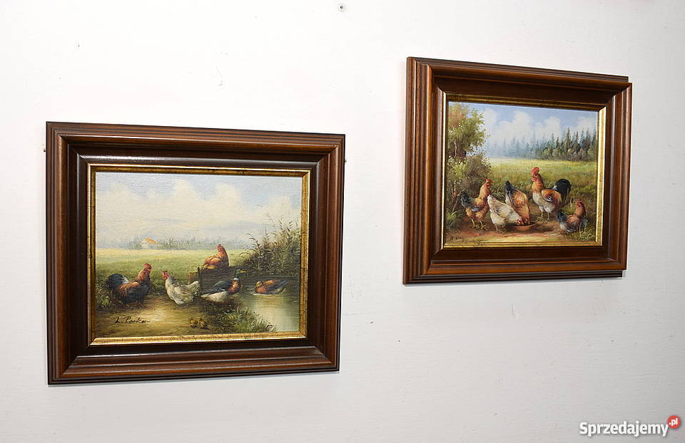 DWA UROCZE OBRAZKI OBRAZ OLEJ NA PŁÓTNIE RAMA