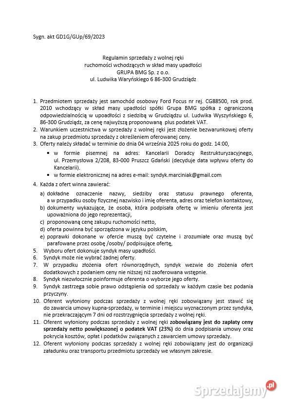 Syndyk sprzeda Ford Focus DA3 2010 BMG Sp z oo Pruszcz Gdański