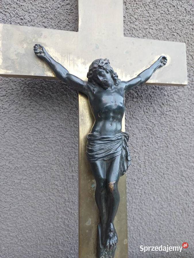 5 Stary krzyż krucyfiks ścienny masywny mosiądz Tczew