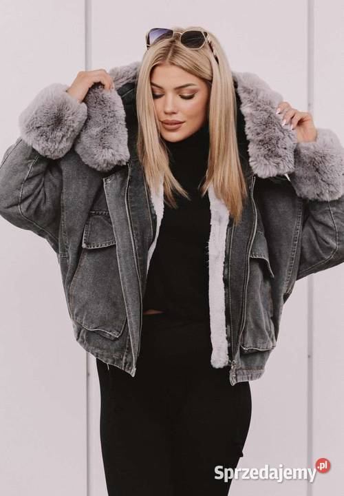 Kurtka Jeansowa Z Futerkiem Szarym Yasmin Czarna Bez wzoru Nowy Kawęczyn