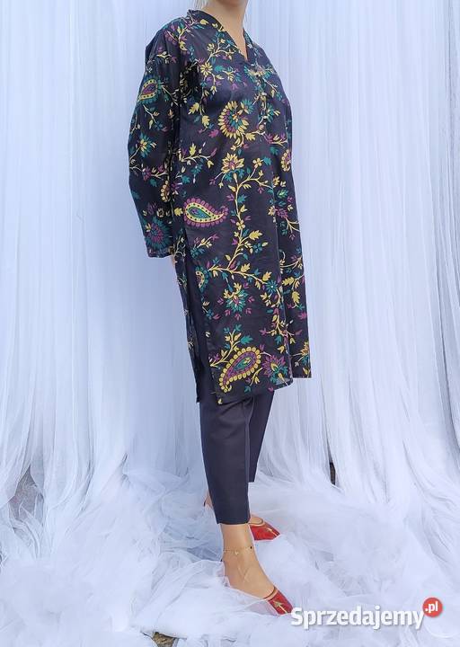 Długa tunika czarna kolorowa S 36 bawełna